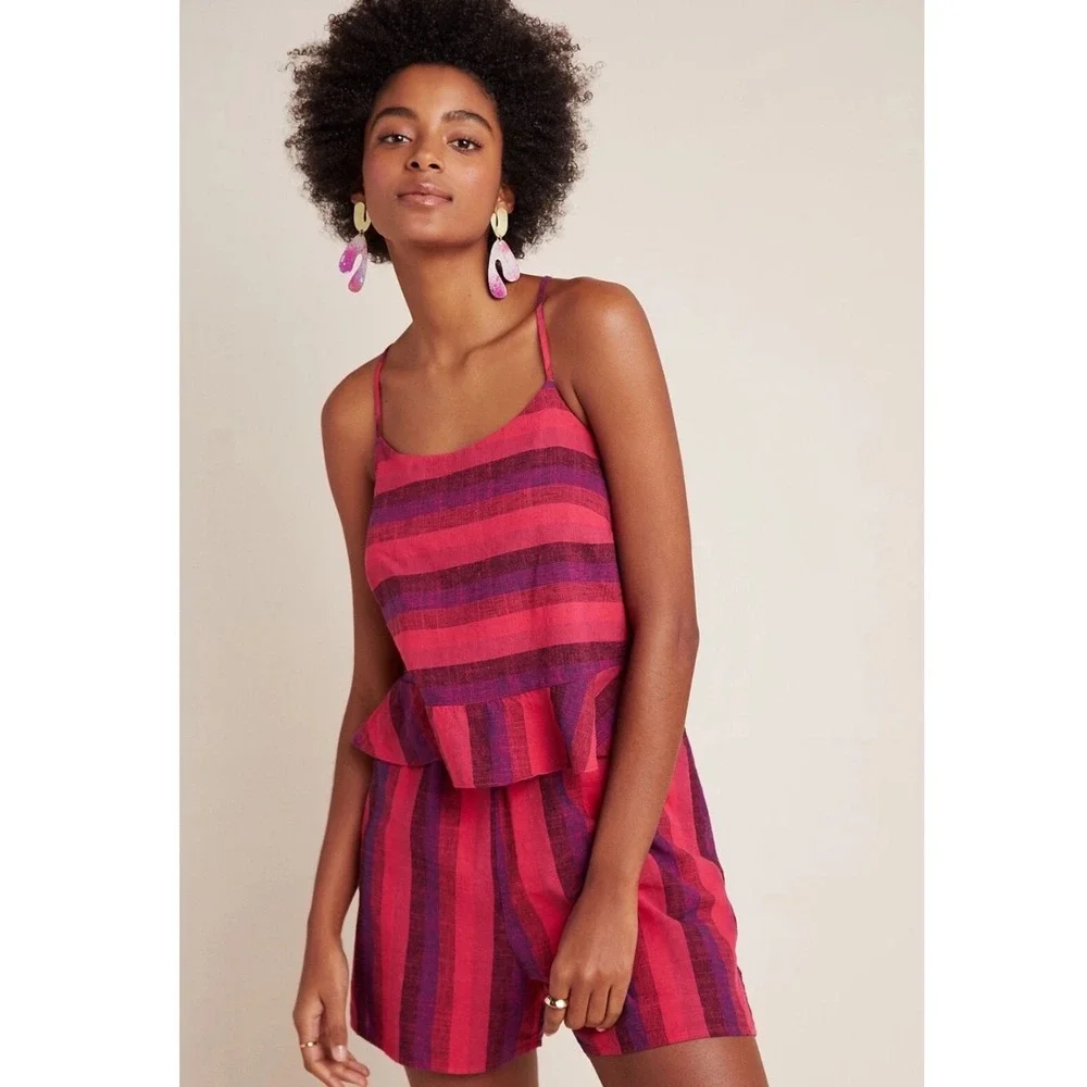 Anthropologie MELIA‎ AMADI Women Pink Purple Striped Ruffle Overlay Romper Small